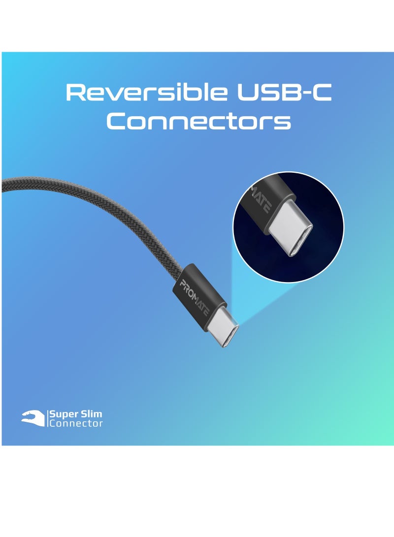 USB-C Charging Cable, Powerful Sync Charge Type-C Cable with 60W Fast Power Delivery, 480Mbps Data Transfer and 200cm Tangle-Free Nylon Braided Cord, EcoLine-CC200 Black