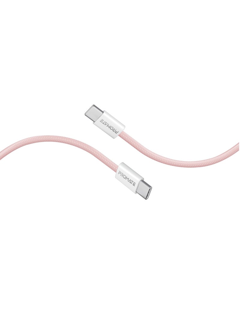 USB-C Charging Cable, Powerful Sync Charge Type-C Cable with 60W Fast Power Delivery, 480Mbps Data Transfer and 200cm Tangle-Free Nylon Braided Cord, EcoLine-CC200 Pink