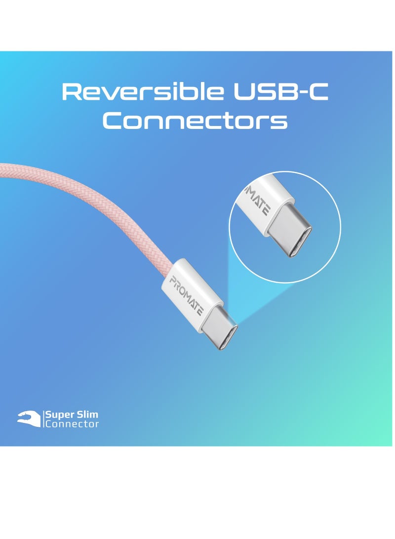 USB-C Charging Cable, Powerful Sync Charge Type-C Cable with 60W Fast Power Delivery, 480Mbps Data Transfer and 200cm Tangle-Free Nylon Braided Cord, EcoLine-CC200 Pink
