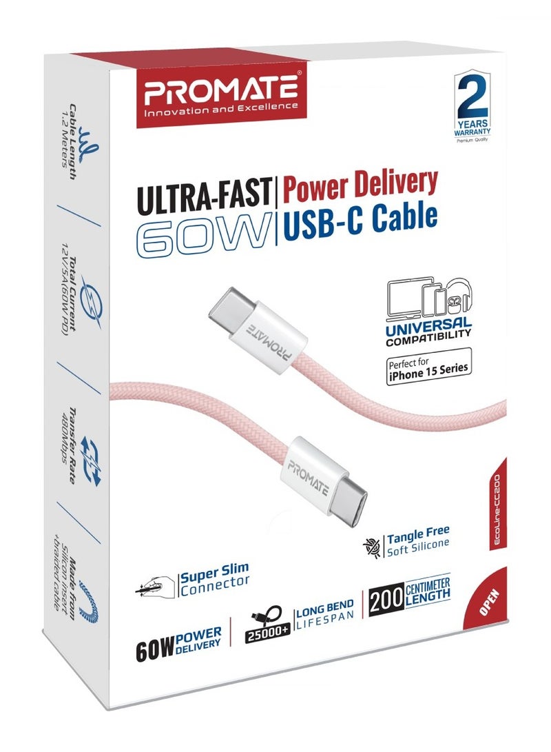 USB-C Charging Cable, Powerful Sync Charge Type-C Cable with 60W Fast Power Delivery, 480Mbps Data Transfer and 200cm Tangle-Free Nylon Braided Cord, EcoLine-CC200 Pink