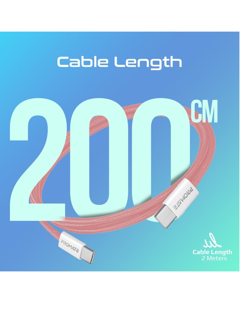 USB-C Charging Cable, Powerful Sync Charge Type-C Cable with 60W Fast Power Delivery, 480Mbps Data Transfer and 200cm Tangle-Free Nylon Braided Cord, EcoLine-CC200 Pink