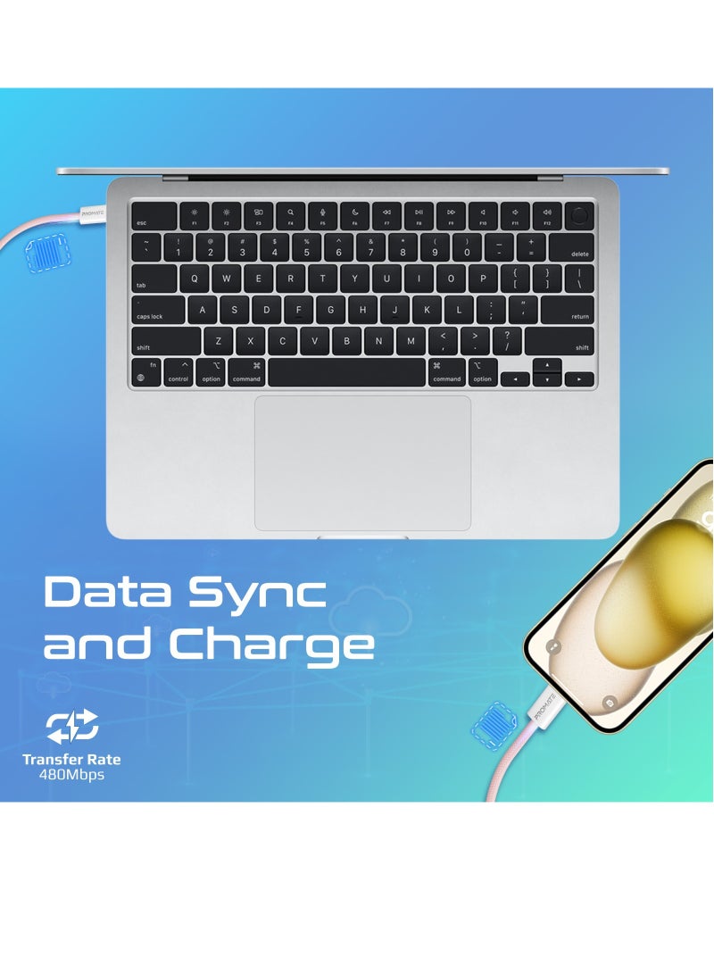 USB-C Charging Cable, Powerful Sync Charge Type-C Cable with 60W Fast Power Delivery, 480Mbps Data Transfer and 200cm Tangle-Free Nylon Braided Cord, EcoLine-CC200 Pink