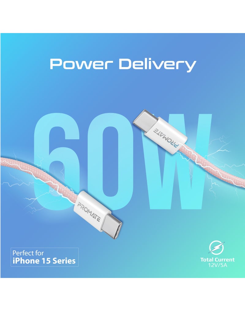 USB-C Charging Cable, Powerful Sync Charge Type-C Cable with 60W Fast Power Delivery, 480Mbps Data Transfer and 200cm Tangle-Free Nylon Braided Cord, EcoLine-CC200 Pink