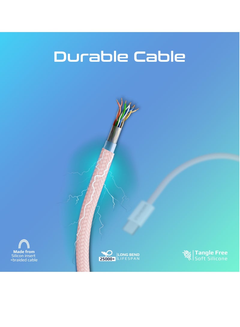 USB-C Charging Cable, Powerful Sync Charge Type-C Cable with 60W Fast Power Delivery, 480Mbps Data Transfer and 200cm Tangle-Free Nylon Braided Cord, EcoLine-CC200 Pink