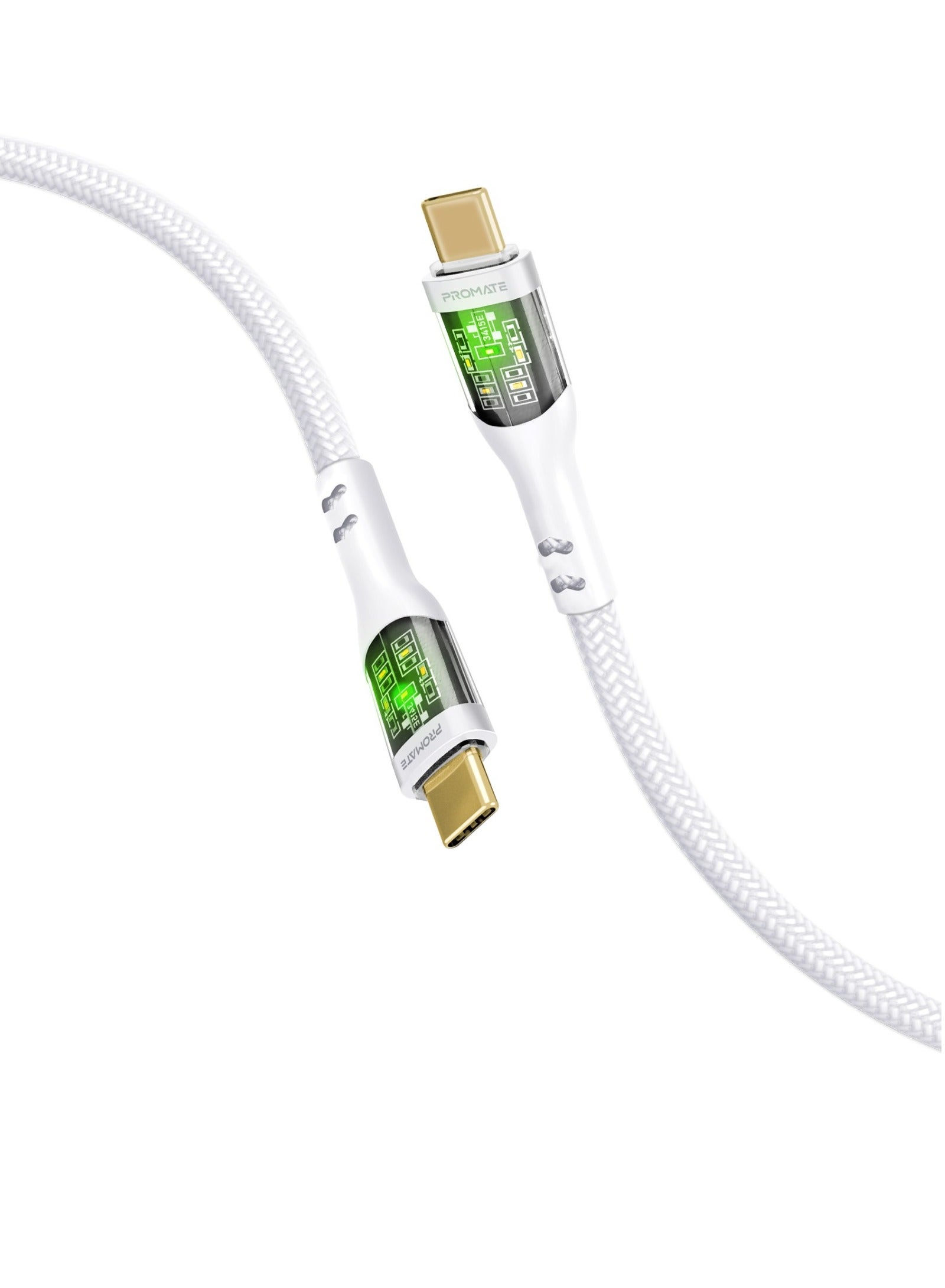 PROMATE USB-C Charging Cable, Stylish Transparent Shelled Type-C Cable with 60W Fast Power Delivery, 480Mbps Data Transfer and Durable 200cm Nylon Braided Cord,  TransLine-CC White 