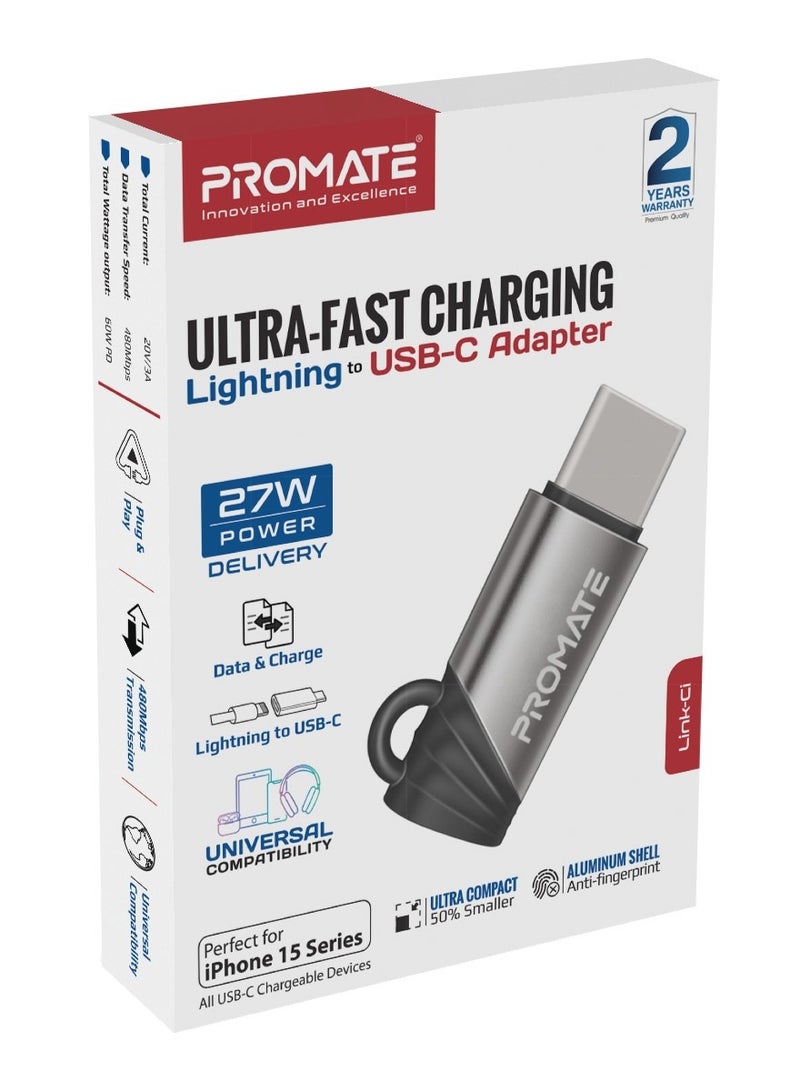 بروميت - محول Lightning إلى USB-C مع توصيل طاقة ممتاز فائق السرعة بقدرة 27 وات، وتصميم فعال، ومزامنة بيانات بسرعة 480 ميجا بت في الثانية، وهيكل متين من الألومنيوم وسبائك الزنك، Link-Ci Gray - Image 1
