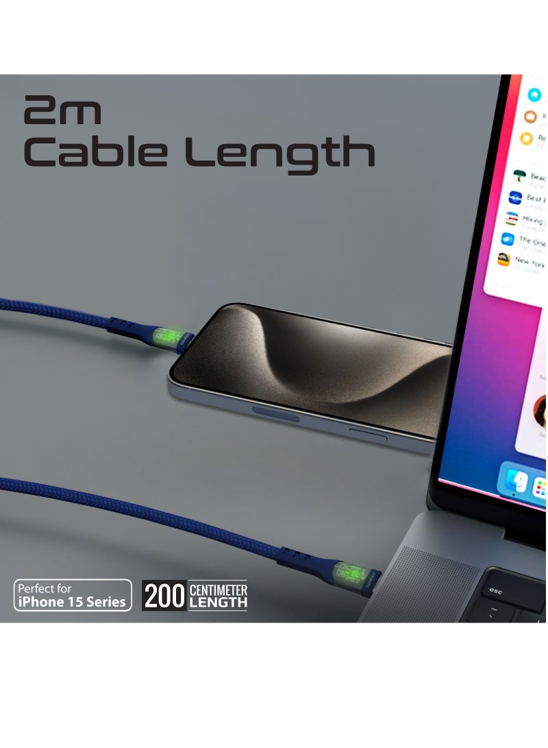 PROMATE - USB-C Charging Cable, Stylish Transparent Shelled Type-C Cable with 60W Fast Power Delivery, 480Mbps Data Transfer and Durable 200cm Nylon Braided Cord,  TransLine-CC Blue - Image 1