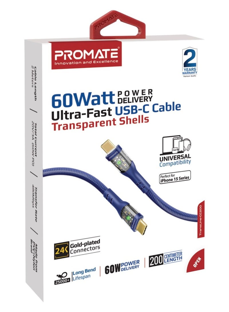 PROMATE - USB-C Charging Cable, Stylish Transparent Shelled Type-C Cable with 60W Fast Power Delivery, 480Mbps Data Transfer and Durable 200cm Nylon Braided Cord,  TransLine-CC Blue - Image 1