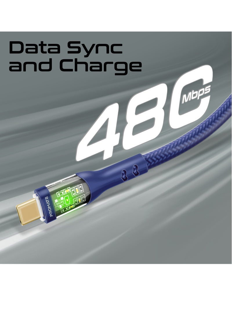 PROMATE - USB-C Charging Cable, Stylish Transparent Shelled Type-C Cable with 60W Fast Power Delivery, 480Mbps Data Transfer and Durable 200cm Nylon Braided Cord,  TransLine-CC Blue - Image 1