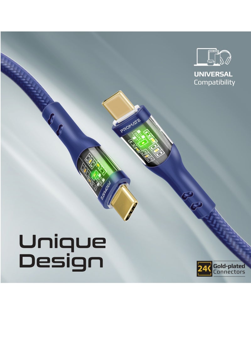 PROMATE - USB-C Charging Cable, Stylish Transparent Shelled Type-C Cable with 60W Fast Power Delivery, 480Mbps Data Transfer and Durable 200cm Nylon Braided Cord,  TransLine-CC Blue - Image 1