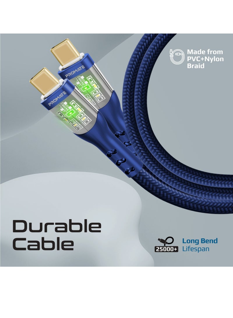 PROMATE - USB-C Charging Cable, Stylish Transparent Shelled Type-C Cable with 60W Fast Power Delivery, 480Mbps Data Transfer and Durable 200cm Nylon Braided Cord,  TransLine-CC Blue - Image 1