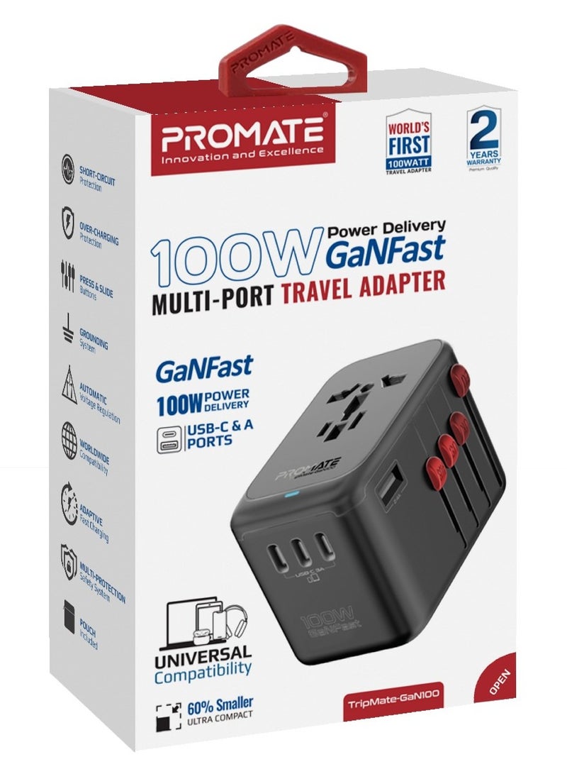 PROMATE - Universal Travel Adapter, GaN Charge UK/EU/AU/US Plug Adapter with 10A Safety Fuse, 2000W AC Socket, 4 USB-C 100W Power Delivery Ports and QC 3.0 Port Black - Image 1