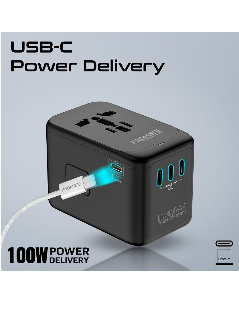 PROMATE - Universal Travel Adapter, GaN Charge UK/EU/AU/US Plug Adapter with 10A Safety Fuse, 2000W AC Socket, 4 USB-C 100W Power Delivery Ports and QC 3.0 Port Black - Image 1