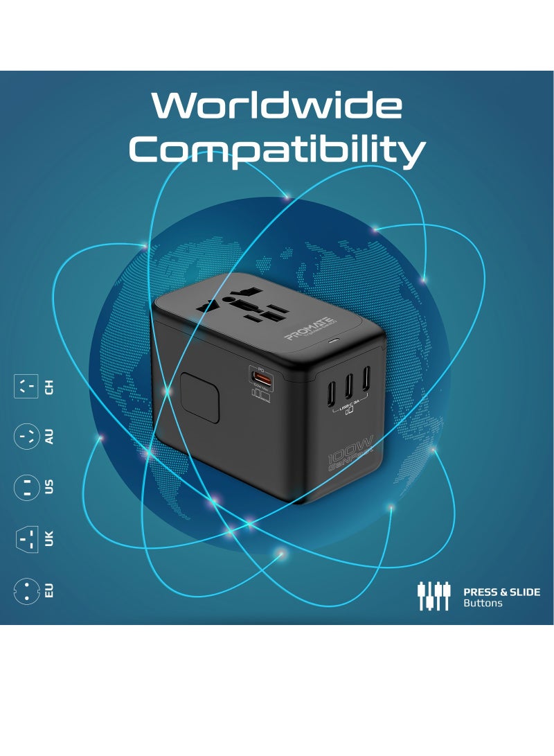 PROMATE - Universal Travel Adapter, GaN Charge UK/EU/AU/US Plug Adapter with 10A Safety Fuse, 2000W AC Socket, 4 USB-C 100W Power Delivery Ports and QC 3.0 Port Black - Image 1