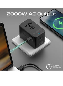 بروميت محول سفر عالمي، محول قابس GaN Charge UK/EU/AU/US مع مصهر أمان 10 أمبير، مقبس تيار متردد 2000 واط، 4 منافذ توصيل طاقة USB-C 100 واط ومنفذ QC 3.0 أسود  - Image 4