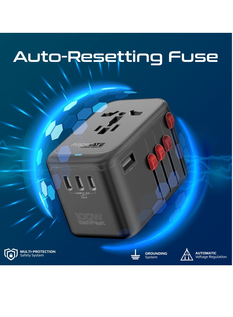 PROMATE - Universal Travel Adapter, GaN Charge UK/EU/AU/US Plug Adapter with 10A Safety Fuse, 2000W AC Socket, 4 USB-C 100W Power Delivery Ports and QC 3.0 Port Black - Image 1