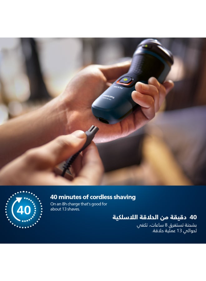Philips Shaver S1151/00,Wet & Dry Use,Fast, Comfortable Shave with ComfortCut Blades,3D Floating Heads, One-Touch Open,40min Cordless Use, Protective Cap Included Blue/Black - Image 4