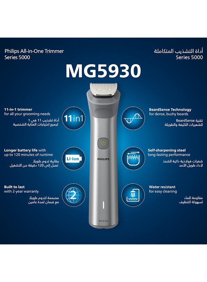 فيليبس ماكينة التشذيب متعددة الاستخدامات MG5930/15 من Philips | مجموعة عناية 11 في 1 لتشذيب الوجه والشعر والجسم | للأنف والأذن | 120 دقيقة من الاستخدام اللاسلكي، مقاومة للماء  - Image 2