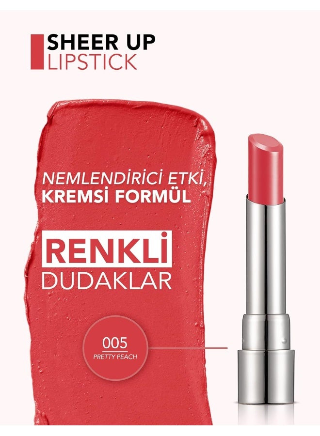 flormar - Sheer Up Semi-Transparent Shiny Lipstick 005 Pretty Peachy - Image 1