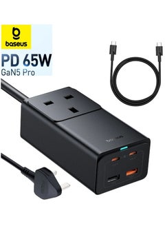 بيسوس شريط طاقة شاحن حائط سريع 65 وات PD GaN5 Pro، 4 منافذ 2USB-C + 2USB سلك تمديد للشحن السريع مع كابل تيار متردد بطول 5 أقدام لسطح البخار، ماك بوك برو، آيباد، كمبيوتر محمول USB C، آيفون 15/14/13/12، سامسونج إلخ أسود  - Image 1