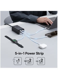 بيسوس شريط طاقة شاحن حائط سريع 65 وات PD GaN5 Pro، 4 منافذ 2USB-C + 2USB سلك تمديد للشحن السريع مع كابل تيار متردد بطول 5 أقدام لسطح البخار، ماك بوك برو، آيباد، كمبيوتر محمول USB C، آيفون 15/14/13/12، سامسونج إلخ أسود  - Image 2