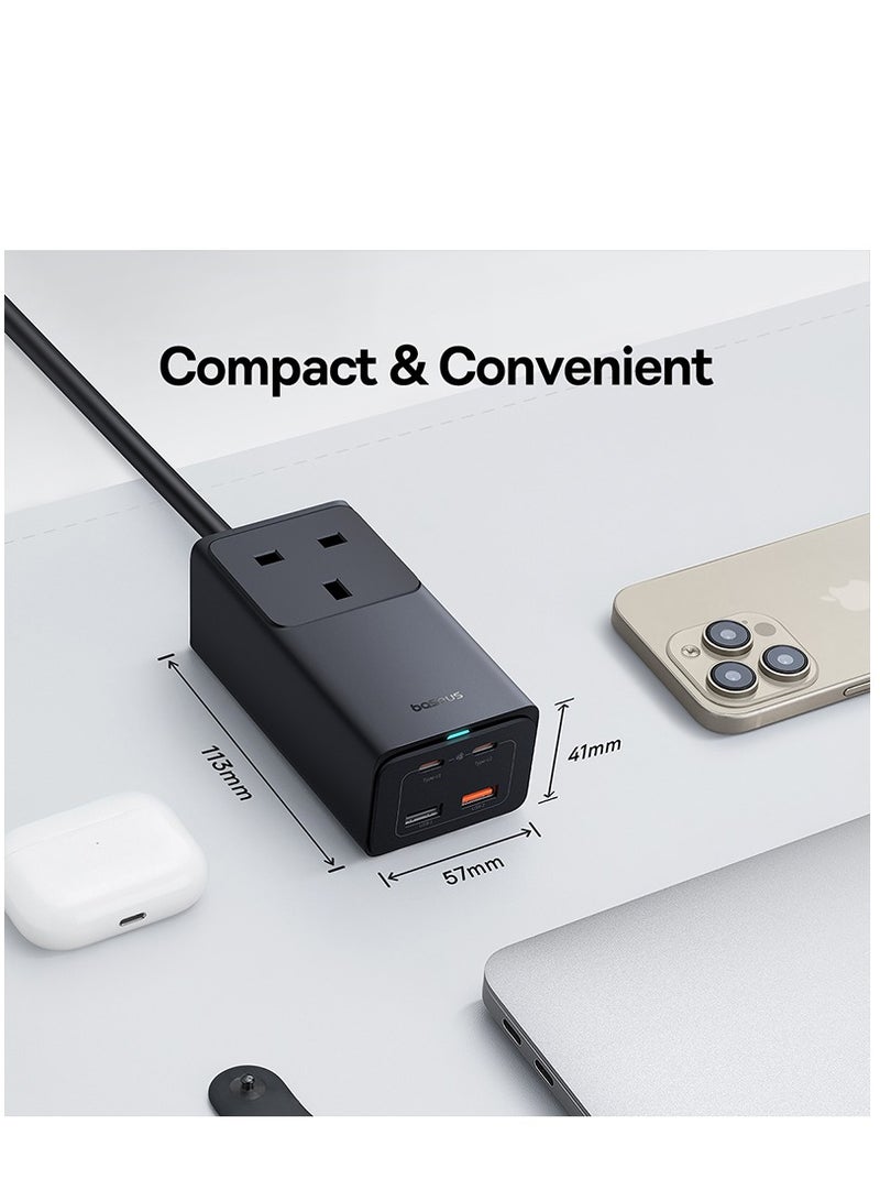 Baseus - 65W PD GaN5 Pro Fast Wall Charger Power Strip, 4-Ports 2USB-C + 2USB Fast Charging Extension Cord With 5ft AC Cable For Steam Deck, MacBook Pro, iPad, USB C Laptop, iPhone 15/14/13/12, Samsung Etc Black - Image 1
