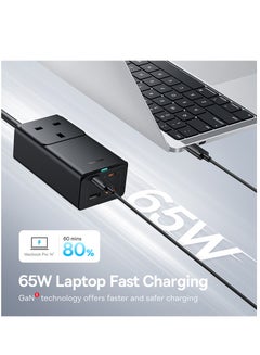 بيسوس شريط طاقة شاحن حائط سريع 65 وات PD GaN5 Pro، 4 منافذ 2USB-C + 2USB سلك تمديد للشحن السريع مع كابل تيار متردد بطول 5 أقدام لسطح البخار، ماك بوك برو، آيباد، كمبيوتر محمول USB C، آيفون 15/14/13/12، سامسونج إلخ أسود  - Image 3