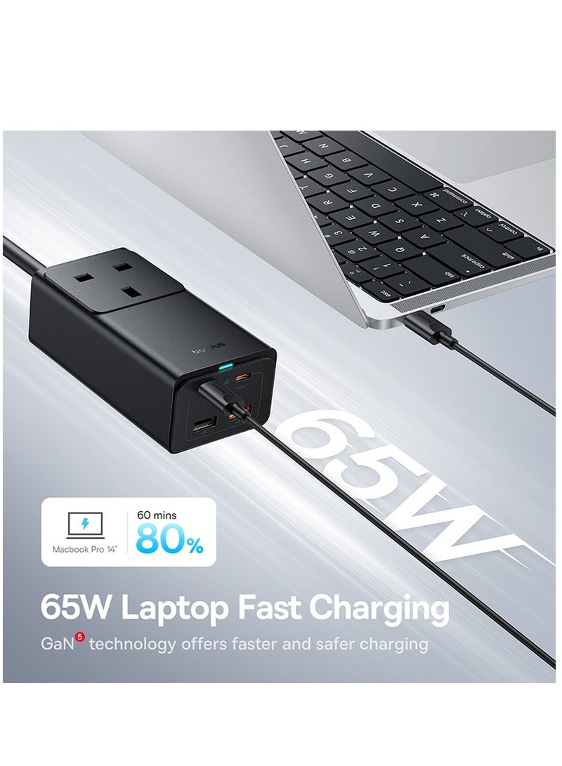 Baseus - 65W PD GaN5 Pro Fast Wall Charger Power Strip, 4-Ports 2USB-C + 2USB Fast Charging Extension Cord With 5ft AC Cable For Steam Deck, MacBook Pro, iPad, USB C Laptop, iPhone 15/14/13/12, Samsung Etc Black - Image 1