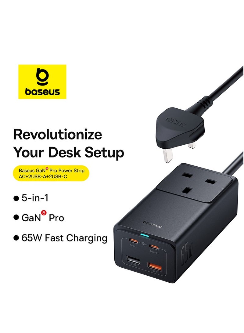 Baseus - 65W PD GaN5 Pro Fast Wall Charger Power Strip, 4-Ports 2USB-C + 2USB Fast Charging Extension Cord With 5ft AC Cable For Steam Deck, MacBook Pro, iPad, USB C Laptop, iPhone 15/14/13/12, Samsung Etc Black - Image 1