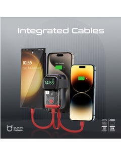 PROMATE 10000 mAh Power Bank With Built-in Cables, Transparent Power Bank, 35W USB-C PD Cable, 12W Lightning Cord, USB-C in/out Port And 3W Smartwatch Charger - Mavrix Red  - Image 3