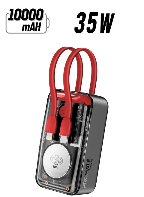 10000 mAh Power Bank With Built-in Cables, Transparent Power Bank, 35W USB-C PD Cable, 12W Lightning Cord, USB-C in/out Port And 3W Smartwatch Charger - Mavrix Red