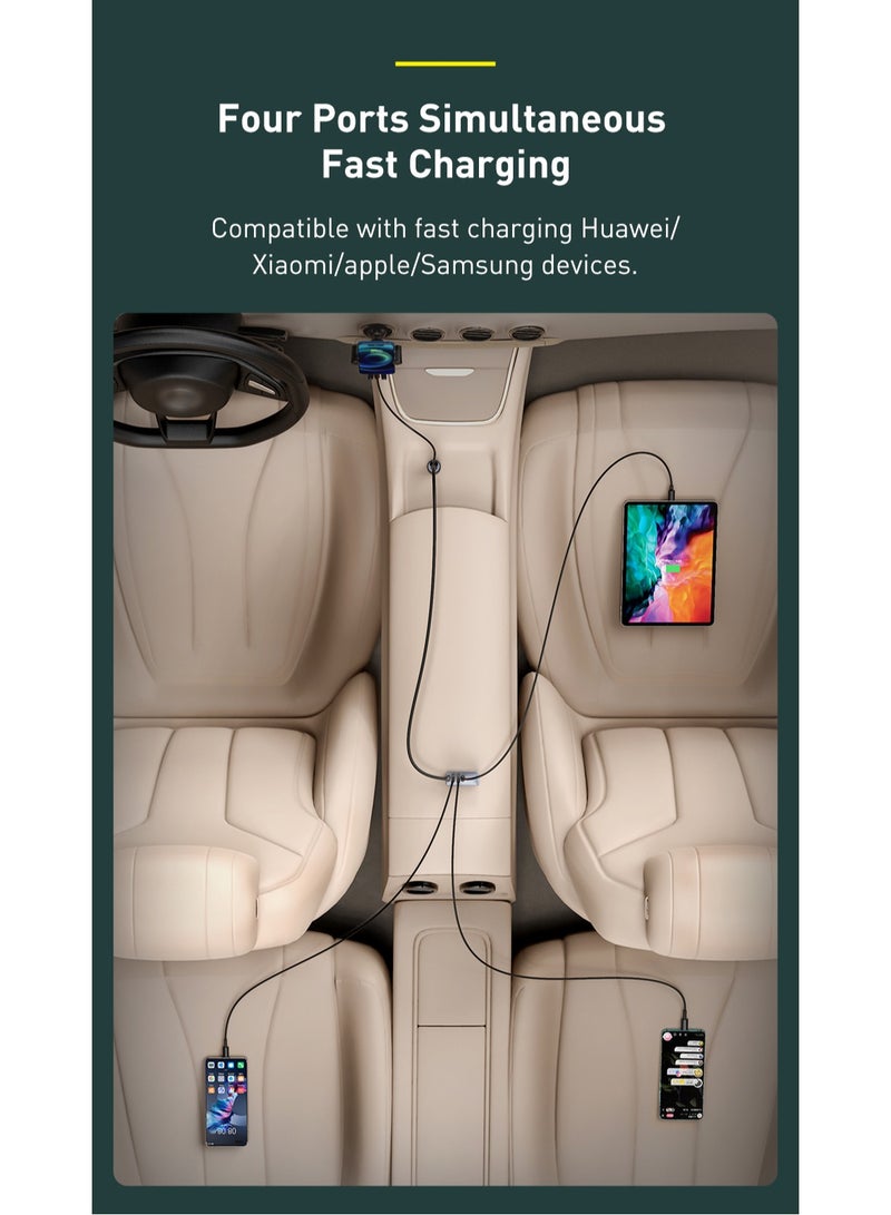 Baseus 4 Multi USB Car Charger Adapter, Charger For Multiple Devices, 12V Car Phone Charger With 5FT Cable For Front And Back Seat Charging, Compatible With iPhone 15/14/13/12 Series Samsung S24/S23 And More Grey  - Image 4