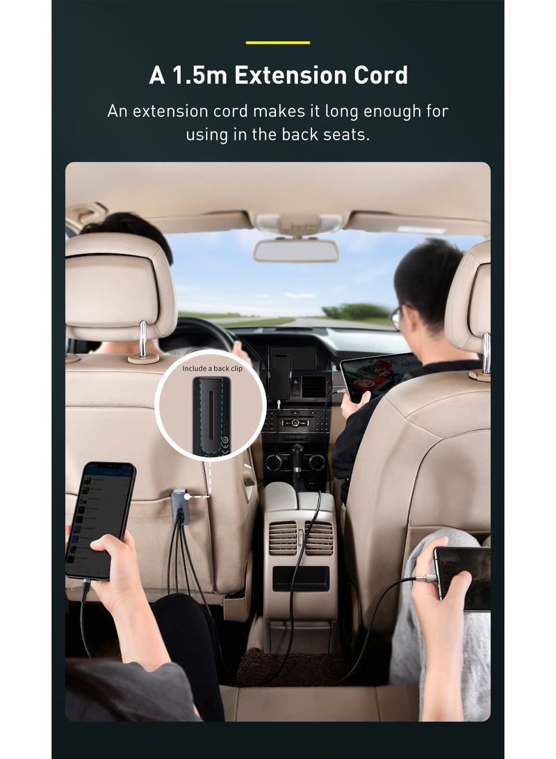 Baseus 4 Multi USB Car Charger Adapter, Charger For Multiple Devices, 12V Car Phone Charger With 5FT Cable For Front And Back Seat Charging, Compatible With iPhone 15/14/13/12 Series Samsung S24/S23 And More Grey  - Image 3