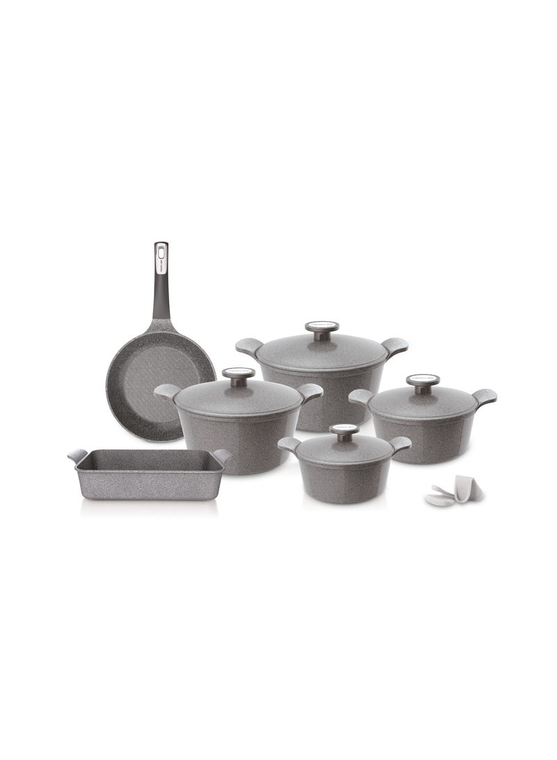 Neoflam 10-Piece Korean Extrema Cookware Set Gray 20 cm pot with molded lid + casserole 22 cm molded into pot with molded lid + casserole 26 cm molded into pot with molded lid + casserole 28 cm molded into pot with molded lid + casserole 28 cm molded into pot with molded lid + 26 cm pot + cast pan + rectangular oven Medium + silicone grip
