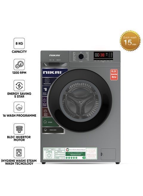8KG 1200 RPM Front Load Washer with 16 Programs, Energy Saving BLDC Inverter Motor 5 Star Rating, Steam Wash, Digital LCD Display, Child Lock, Fully Automatic Washing Machine - 8 kg 109 kW NWM801FN9S Silver