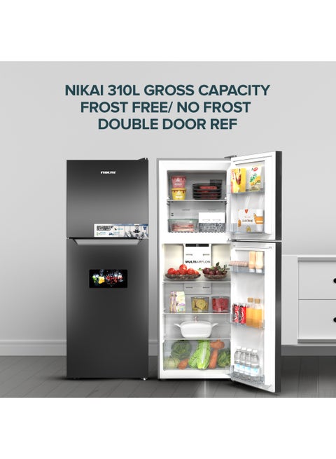 310L Gross/220L Net, No-Frost Double Door Refrigerator with Vegetable Crisper & Adjustable Glass Shelves, Temperature Control, Lock And Key, CFC Free, Silent Operation, Energy Saving R600A, Best For Home, Office & Hotels 234.73 kW 234.73 kW NRF310FSS Grey