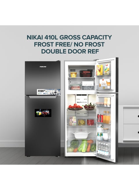410L Gross/ 243L Net, No-Frost Double Door Refrigerator with Vegetable Crisper & Adjustable Glass Shelves, Temperature Control, Lock And Key, CFC Free, Silent Operation, Energy Saving R600A, Best For Home, Office & Hotels NRF410FSS Grey