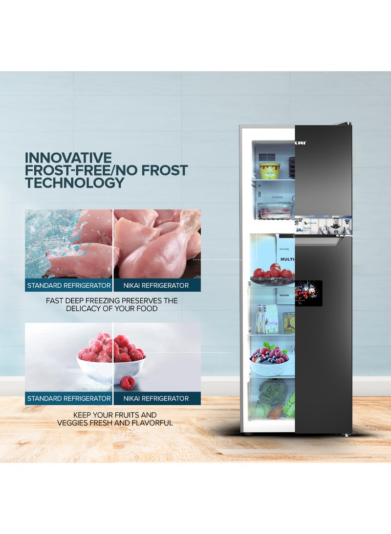 NIKAI 410L Gross/ 243L Net, No-Frost Double Door Refrigerator with Vegetable Crisper & Adjustable Glass Shelves, Temperature Control, Lock And Key, CFC Free, Silent Operation, Energy Saving R600A, Best For Home, Office & Hotels NRF410FSS Grey - Image 4
