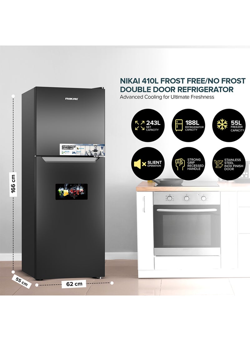 NIKAI 410L Gross/ 243L Net, No-Frost Double Door Refrigerator with Vegetable Crisper & Adjustable Glass Shelves, Temperature Control, Lock And Key, CFC Free, Silent Operation, Energy Saving R600A, Best For Home, Office & Hotels NRF410FSS Grey - Image 3