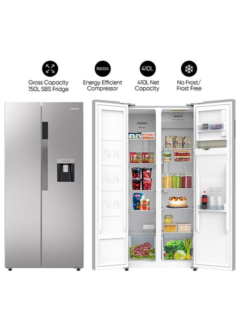 750L/410L Gross Net, Side By Side Double Door Refrigerator With Energy Effecient Inverter Compressor, Temp Display Mirror, High Efficient Defrosting, Steel Finish Body 474.5 kW NRF750SBSD5 Silver