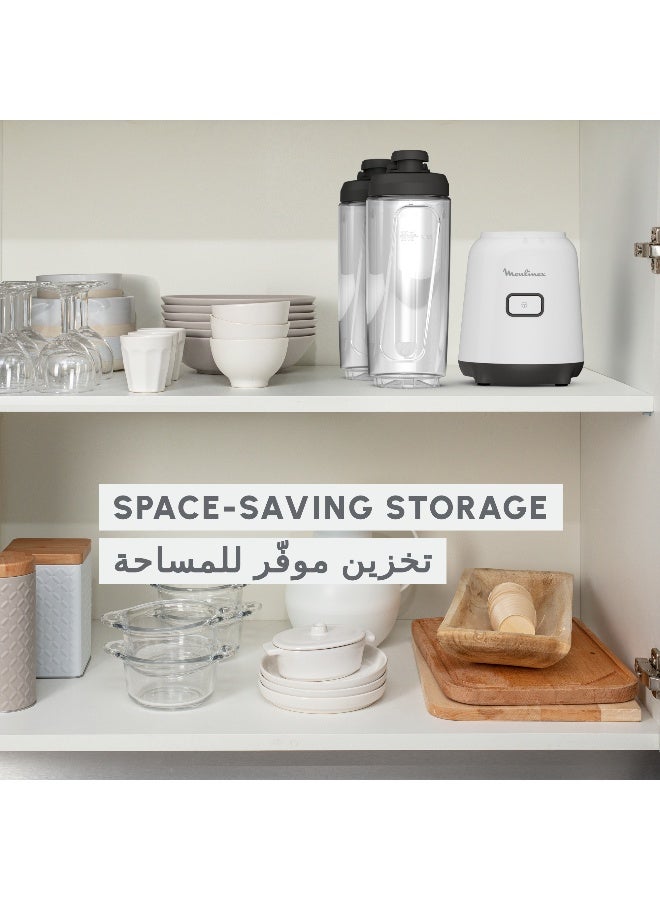 Moulinex Mix & Move Mini Blender Mixer, 2 To-Go Bottles in Premium Tritan, Space-Saving Compact Design, Easy-Cleaning Removable Blades, Easy and Ergonomic Single-Button Control 0.6 L 300 W LM15F127 White - Image 4