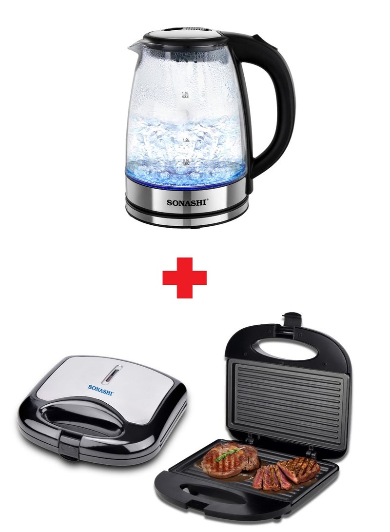SONASHI - 2-Slice Non-Stick Grill & Sandwich Maker 750W With Glass Kettle Bundle 1500 W SGT-853 + SKT-1809 Black - Image 1