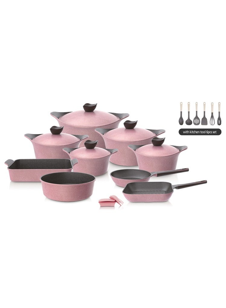 Granite Cookware Set 20 Pieces Pink Pots: 18 cm, 20 cm, 22 cm, 24 cm, 28 cm / frying pan 26 cm / grill pan 28 cm / rectangular oven tray 40 cm / round oven tray 28 cm