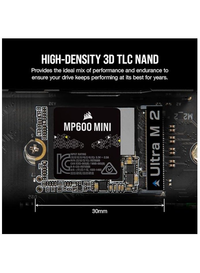 CORSAIR - Corsair MP600 Mini 1TB M.2 NVMe PCIe x4 Gen4 2 SSD – M.2 2230 – Up to 4,800MB/sec Sequential Read – High-Density 3D TLC NAND – Great for Steam Deck and Microsoft Surface – Black 1 TB - Image 1