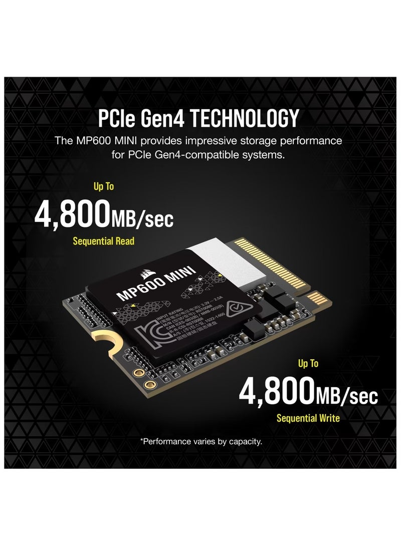 CORSAIR - Corsair MP600 Mini 1TB M.2 NVMe PCIe x4 Gen4 2 SSD – M.2 2230 – Up to 4,800MB/sec Sequential Read – High-Density 3D TLC NAND – Great for Steam Deck and Microsoft Surface – Black 1 TB - Image 1