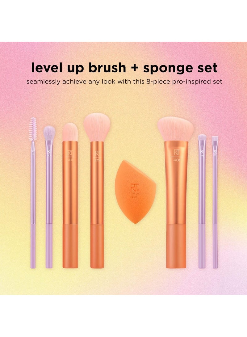 REAL TECHNIQUES - Level Up Brush And Sponge Kit Makeup Brushes For Eyeshadow Foundation Blush And Bronzer Blending Sponge Professional Quality Tools Synthetic Bristles 8 Piece Set MultiColor - Image 1