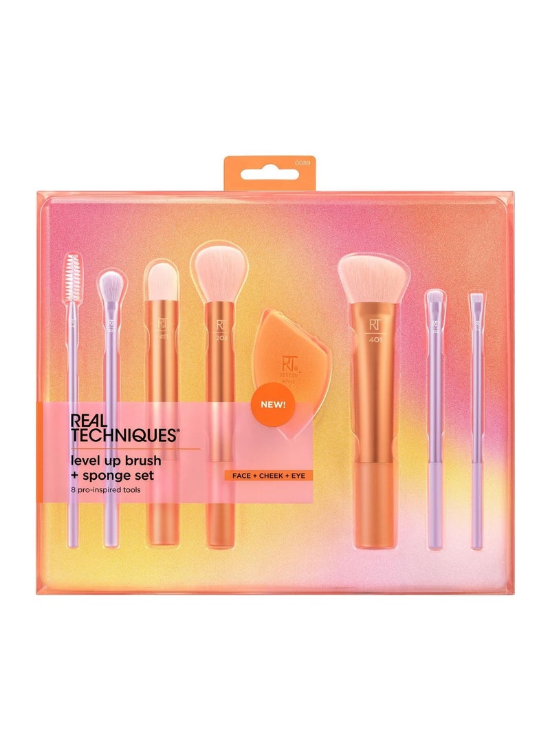 REAL TECHNIQUES - Level Up Brush And Sponge Kit Makeup Brushes For Eyeshadow Foundation Blush And Bronzer Blending Sponge Professional Quality Tools Synthetic Bristles 8 Piece Set MultiColor - Image 1