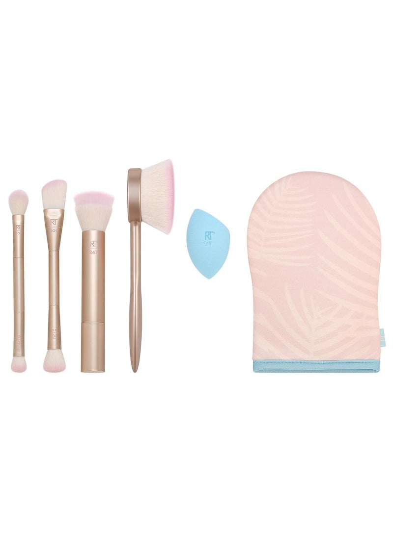 REAL TECHNIQUES Endless Summer Makeup Brush Kit Face Brushes For Foundation Powder Highlight Contour And Bronzer Includes Tanning Mitt Premium Quality 6 Piece Set Multicolor - Image 1