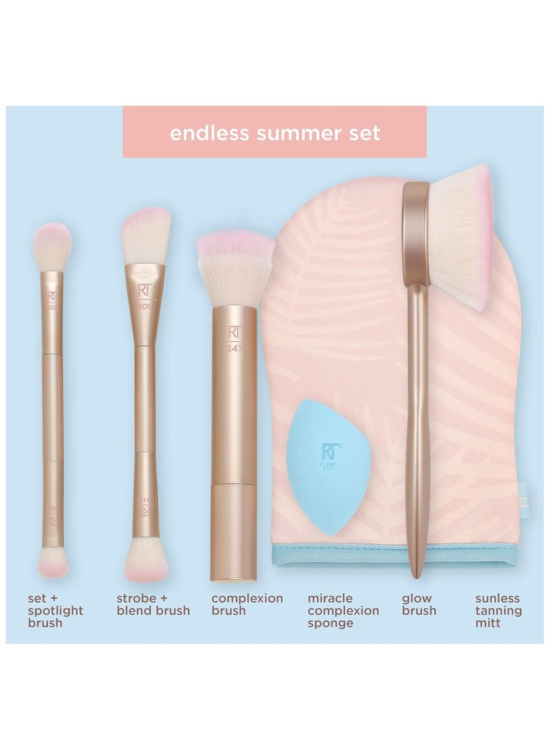 REAL TECHNIQUES Endless Summer Makeup Brush Kit Face Brushes For Foundation Powder Highlight Contour And Bronzer Includes Tanning Mitt Premium Quality 6 Piece Set Multicolor - Image 3