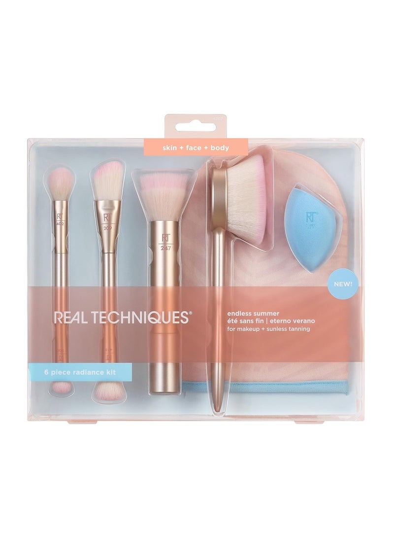 REAL TECHNIQUES Endless Summer Makeup Brush Kit Face Brushes For Foundation Powder Highlight Contour And Bronzer Includes Tanning Mitt Premium Quality 6 Piece Set Multicolor - Image 2